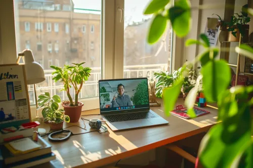 Bureau de télétravail ergonomique et conforme.