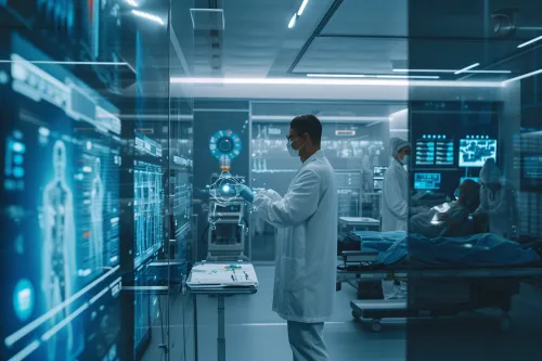 Médecin utilisant une tablette numérique avec le logo du numérique en arrière-plan