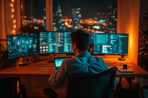 Personne souriante gérant ses outils numériques, symbolisant une hygiène numérique quotidienne pour la tranquillité d'esprit.