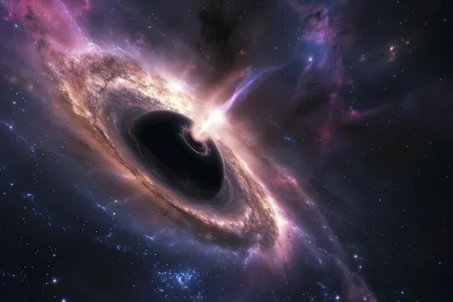 Un trou noir supermassif dominant un champ stellaire, montrant la courbure de l'espace-temps et son horizon. Parfait pour la définition d'un trou noir.