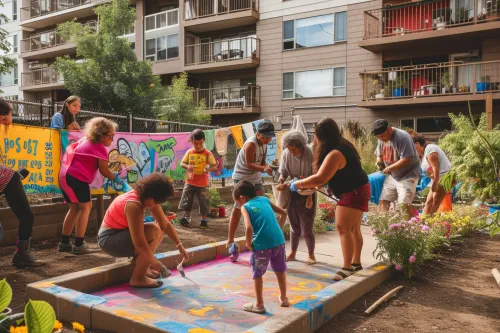Personnes engagées dans une action solidaire, collaborant pour renforcer la cohésion sociale au sein de leur communauté.