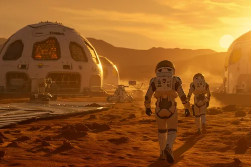 Astronautes travaillant à l'assemblage d'un module d'habitat martien, symbolisant la future présence humaine durable sur Mars.