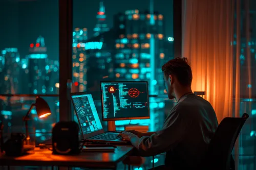 Un journaliste scrute son écran, symbolisant la vigilance face aux menaces cybernétiques quotidiennes dans un monde numérique complexe.