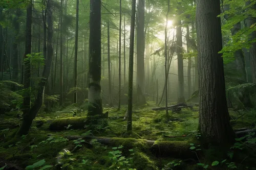 Immense forêt primaire vierge et dense, avec des arbres centenaires, illustrant l'essence de cet écosystème unique.