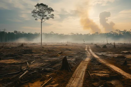 Paysage désolé d'une forêt rasée, révélant les conséquences environnementales majeures de la déforestation irréversible.