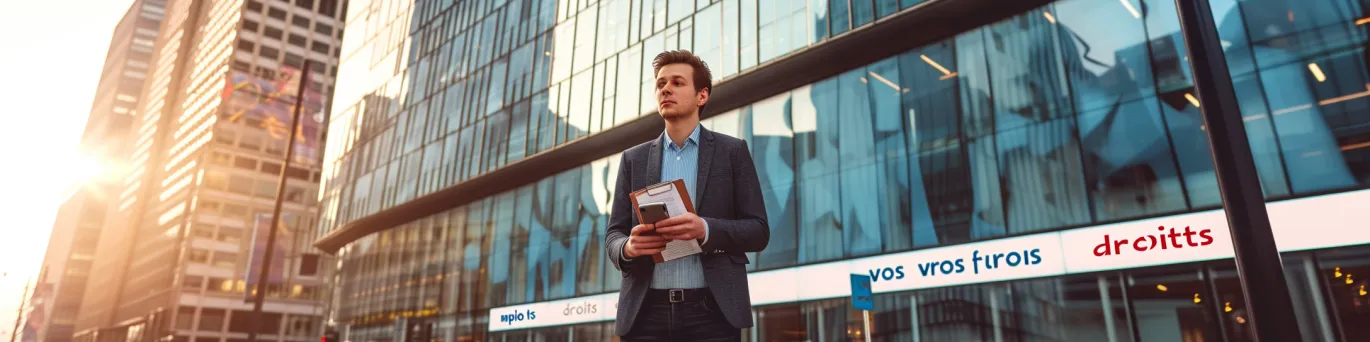 Consommateur déterminé faisant face à des entreprises géantes, symbolisant la défense de ses droits et l'action contre les abus.