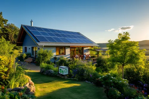 Panneaux solaires brillants sur un toit intégré à la nature, symbolisant l'énergie propre et la transition écologique.