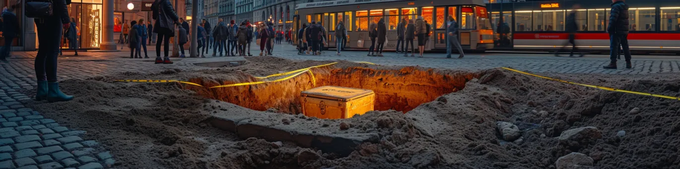 Scène de fouilles archéologiques intenses au cœur d'une ville, révélant des vestiges anciens et un trésor insoupçonné.