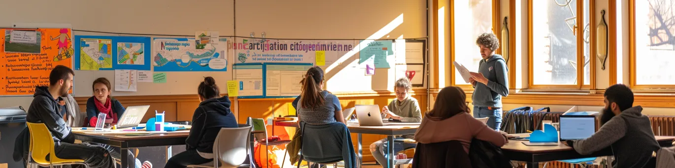 Citoyens actifs en pleine discussion, réinventant la démocratie locale par leur engagement civique et des solutions innovantes.