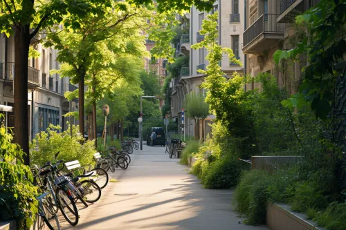 Aperçu d'une ville verte moderne, mettant en évidence les bénéfices de l'urbanisme vert pour des environnements urbains plus sains.