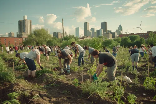 Diverses mains s'unissant pour soutenir la croissance d'un jeune plant, représentant l'engagement collectif pour un avenir environnemental durable.
