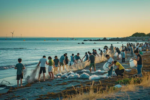 Des bénévoles unis ramassent des déchets marins, symbolisant une action collective urgente pour la protection de nos océans.