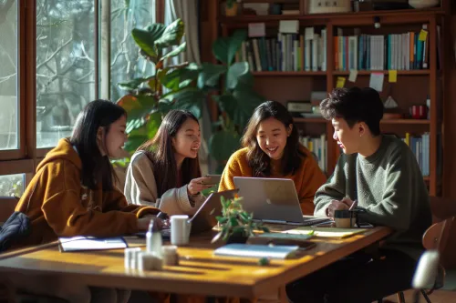 Adolescent souriant, utilisant une tablette mais aussi entouré de livres et d'éléments naturels, symbolisant l'équilibre numérique et le bien-être.