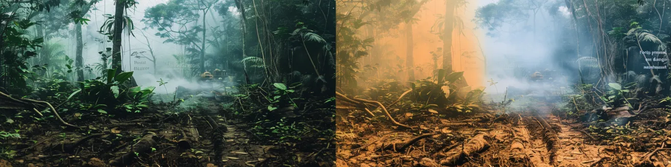 Contraste saisissant entre une forêt primaire dense et une zone ravagée par la déforestation massive, soulignant l'urgence.