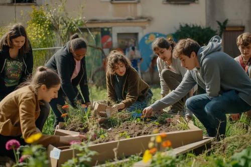 Mains de différentes générations s'unissant pour symboliser l'action bénévole, tissant un lien social fort et désintéressé.