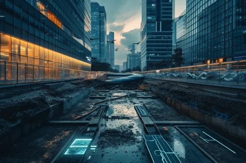 Vue conceptuelle de l'archéologie urbaine future, explorant les strates historiques sous une métropole moderne et dynamique.