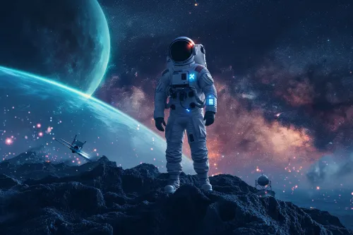 Profondeur de l'espace  :  une galaxie spirale lointaine aux couleurs éclatantes, évoquant des missions d'exploration audacieuses.