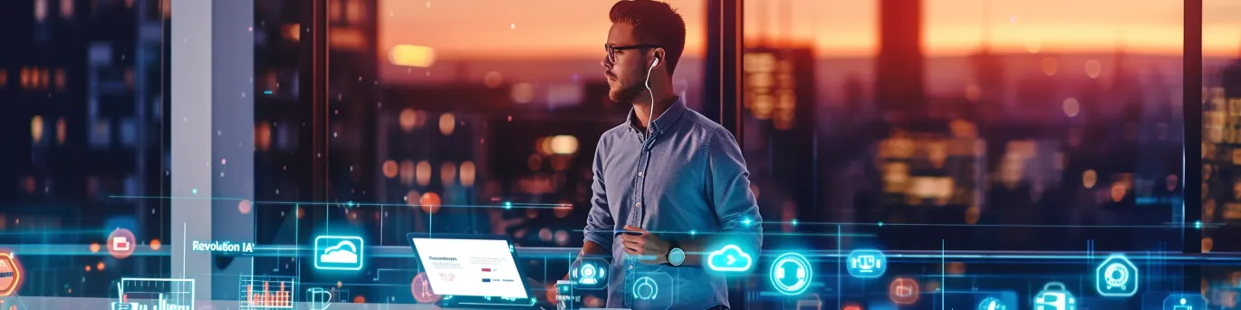 Interface numérique futuriste mêlant des icônes d'IA et de No-code, symbolisant l'impact révolutionnaire sur l'entrepreneuriat digital.