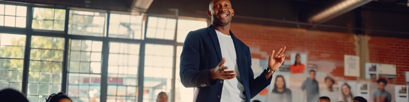 Ancienne athlète célèbre, souriante et engagée, partageant son expérience de reconversion réussie avec un public captivé, soulignant son impact sociétal.