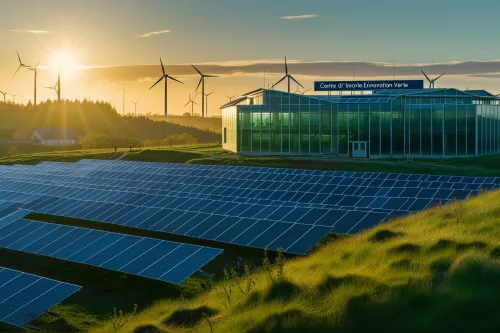 Économie Verte en pleine croissance, symbolisée par des panneaux solaires captant l'énergie et des éoliennes au coucher du soleil.