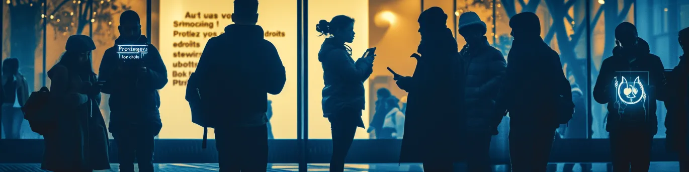 Visualisant les défis d'accès au droit à l'ère numérique et les disparités sociales, cette image encourage la protection des droits de tous.