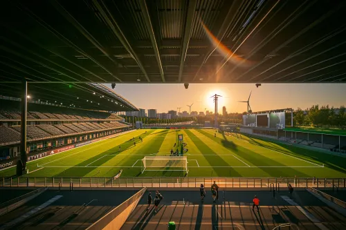 Athlete souriant utilisant des équipements sportifs innovants et durables sur un terrain vert optimisé par des solutions écologiques.