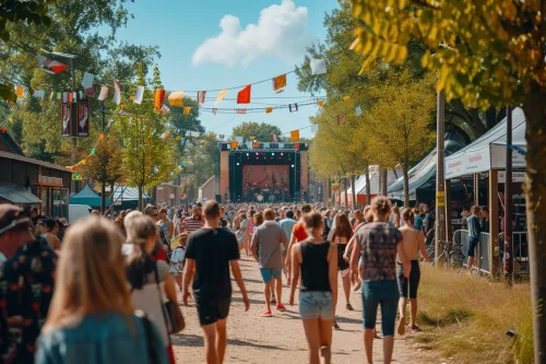 Paysage urbain moderne avec infrastructures innovantes pour festivals, fruit d'investissements durables créant un héritage positif pour les générations futures.