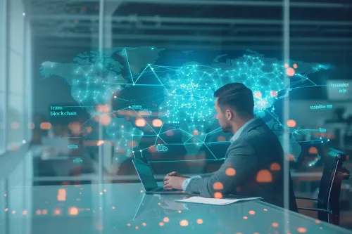 Réseau sécurisé blockchain visualisant la traçabilité des produits dans une chaîne logistique complexe.