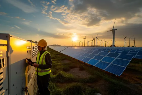 Système de batteries géant pour stocker l'énergie solaire et éolienne, soulignant la nécessité du stockage pour les énergies vertes.