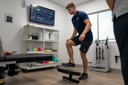 Athlète en rééducation sportive, effectuant des exercices ciblés pour prévenir les traumatismes. Cette séance optimise la récupération et le renforcement musculaire essentiel à sa performance.