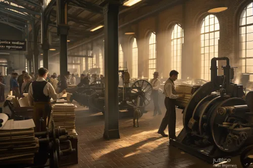 Grande imprimerie industrielle en pleine action au XIXe siècle, illustrant l'essor des médias imprimés et leur impact sur la justice sociale.