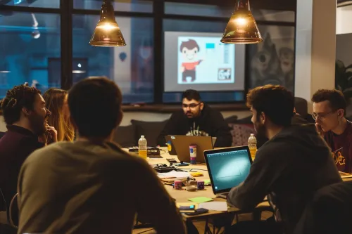 Une communauté geek passionnée et des créateurs de jeux indépendants interagissent, favorisant un partenariat fructueux et l'innovation.