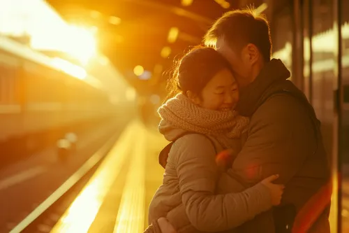 Étreinte chaleureuse et émouvante lors d'une réunion inespérée, symbolisant le miracle de retrouvailles tant espérées, pleine de joie intense et de soulagement.