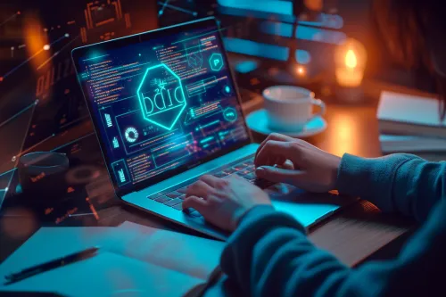 Représentation visuelle de contrats intelligents sécurisés sur blockchain, illustrant leur potentiel en DeFi et gestion des droits d'auteur numériques.