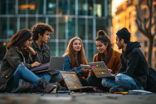 Un groupe diversifié de citoyens engagés dans une discussion animée, symbolisant le renouveau de la participation civique.