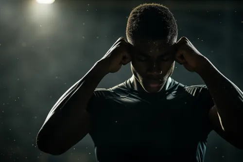 Un athlète au regard déterminé, symbolisant la force intérieure et la mentalité champion indispensable pour chaque succès.