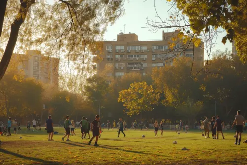 Des personnes souriantes et diverses interagissent joyeusement lors d'une activité sportive collective en plein air.