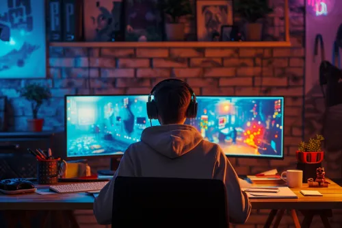 Scène vibrante symbolisant la création et l'éclosion des jeux vidéo indés, pleine d'originalité et d'innovation.