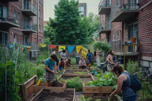 Citoyens de tous âges œuvrant ensemble à un projet d'embellissement vert, reflétant la Synergie Écologique Citoyenne.