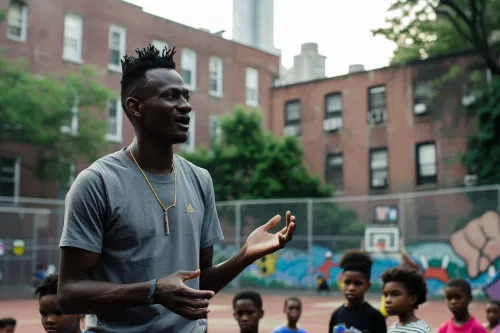 Un athlète souriant participe à un événement communautaire, illustrant son engagement social sportif et son influence.