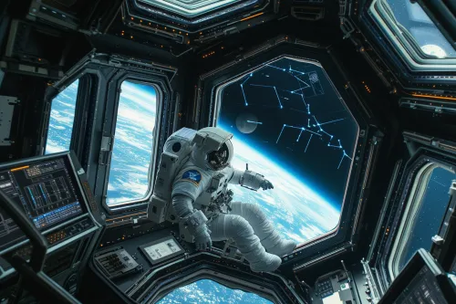 Astronautes collaborant sur une station spatiale futuriste, reflétant l'ingéniosité humaine face aux défis cosmiques.