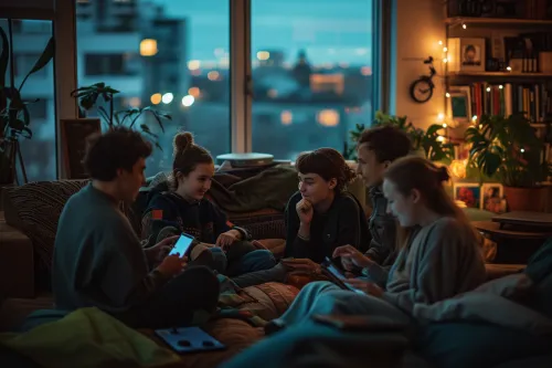 Adolescents utilisant des appareils numériques. Cette jeunesse connectée navigue quotidiennement sur les écrans et plateformes sociales.