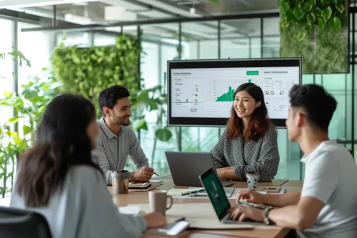 Équipe d'employés concentrés, entourée d'icônes de sécurité et de croissance financière, reflétant les bénéfices de la cyber-conscience.