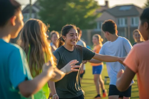 Groupe multiculturel partageant un moment de pratique sportive, favorisant l'intégration et la cohésion sociale.