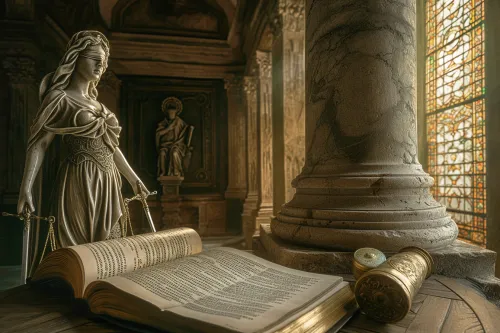 Fresque historique unissant la représentation judiciaire romaine antique et les procédures médiévales, marquant leurs fondations.