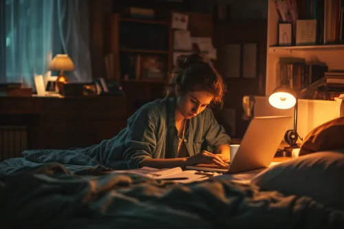 Une chambre sereine où une journaliste se prépare à un sommeil profond, essentiel pour des bases de repos optimales.