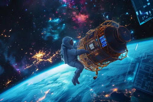 Un instrument futuriste de haute technologie conçu pour l'exploration spatiale profonde, révélant les secrets des galaxies lointaines.