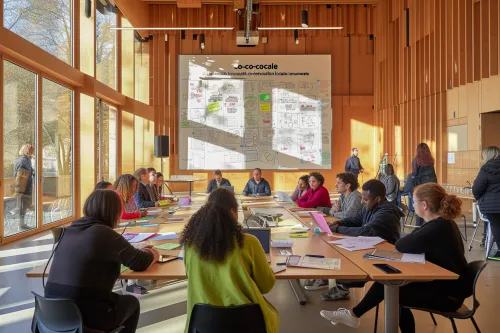 Personnes diverses s'engageant activement dans des ateliers de co-construction locale, générant des idées innovantes et durables.