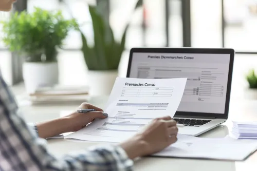 Femme attentive remplissant un formulaire, représentant les premières démarches essentielles pour faire valoir efficacement ses droits de consommateur.