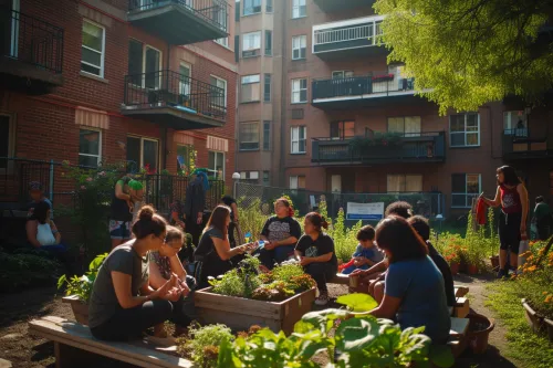 Bénévoles souriants interagissant avec des aînés dans leur quartier, définissant l'essence du bénévolat de proximité et son apport social.